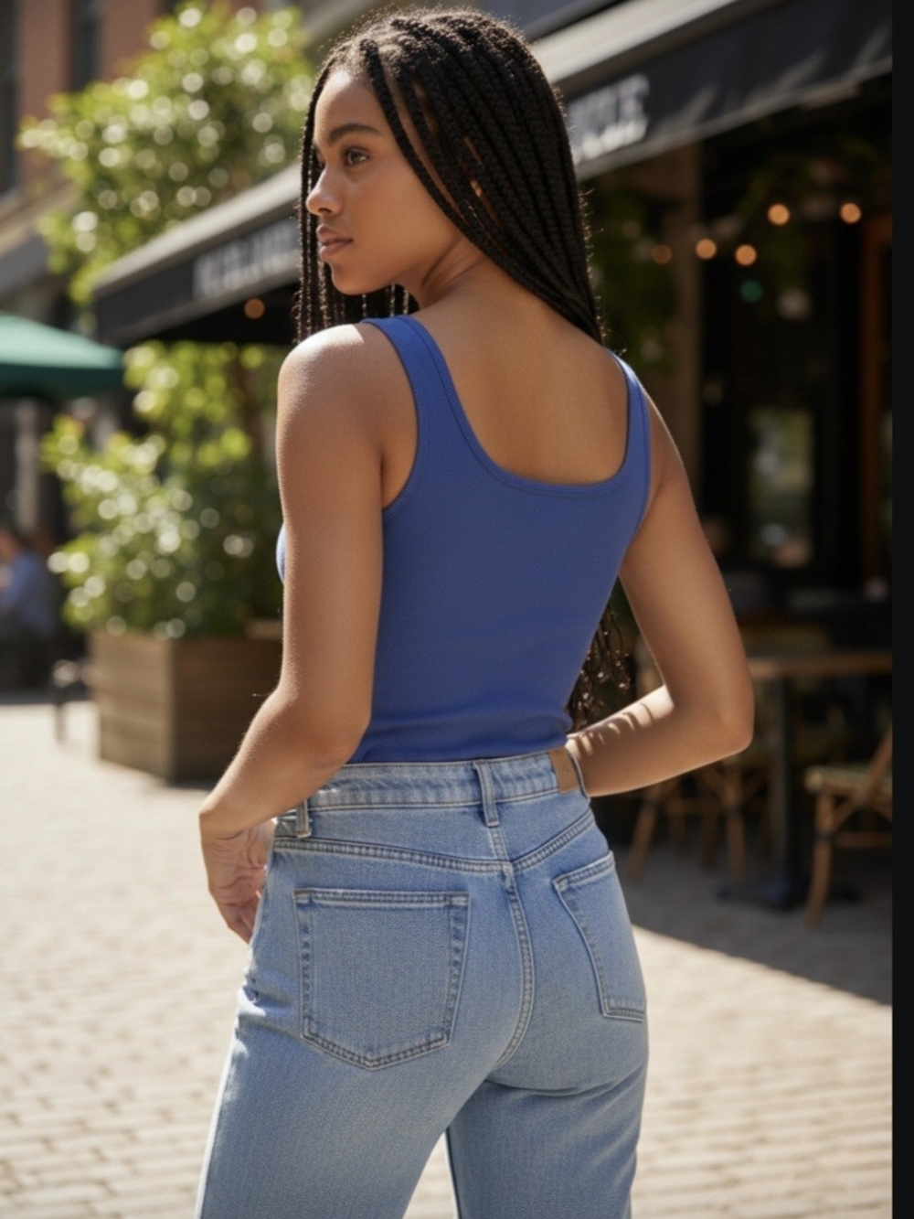 GAP Blue Ribbed Scoop Tank Top With Gap Logo In White - Picture 2 of 2